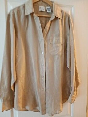 Gantos ~Silk Tan Button-Down Shirt with Chest Pocket (L)